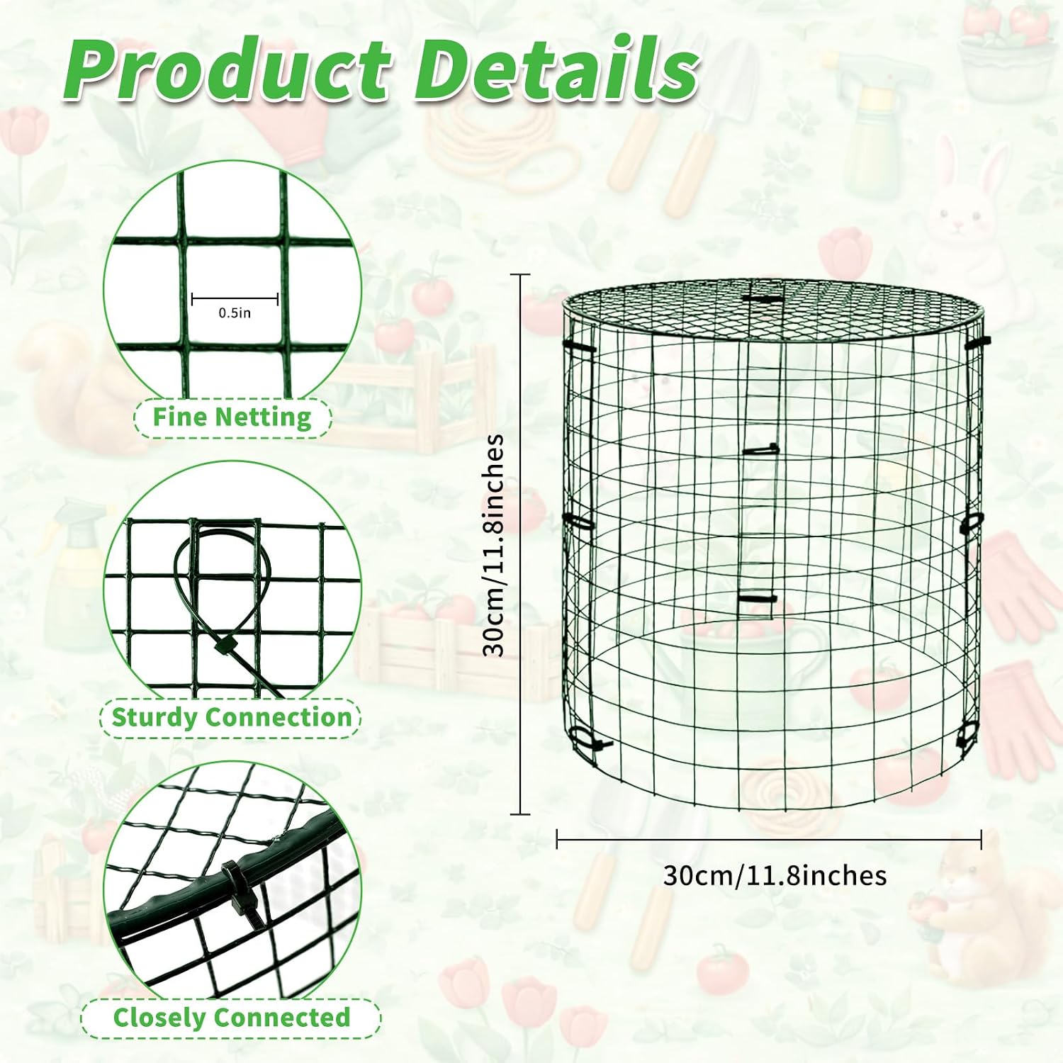 6 Pack 11.8×11.8in Plant Protectors from Animals, Wire Mesh Cages | Reusable Design, Protective Lid、Stakes、Zip Ties and