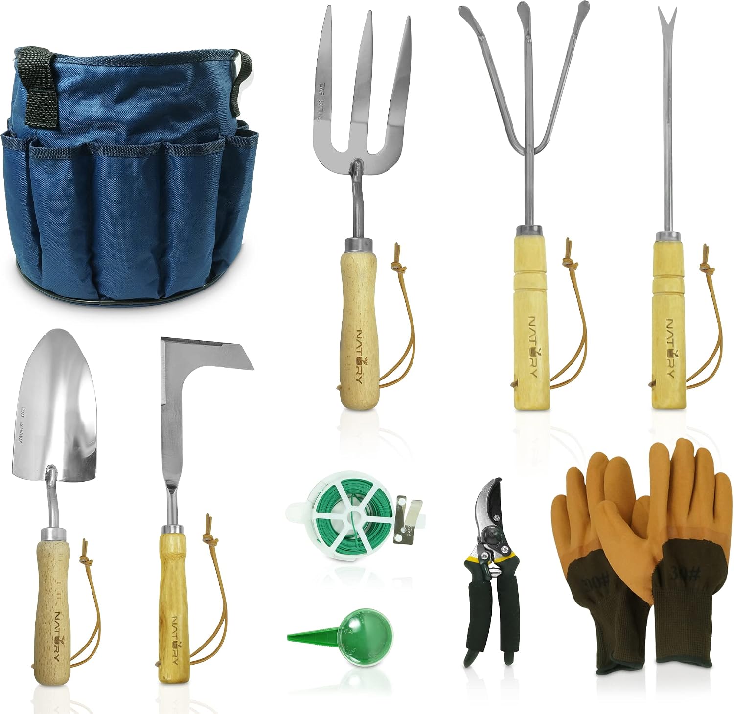 Garden Tools Set – Premium Stainless Steel Gardening Hand Tools with Solid Beechwood Handle – Gardening Kit with Rake
