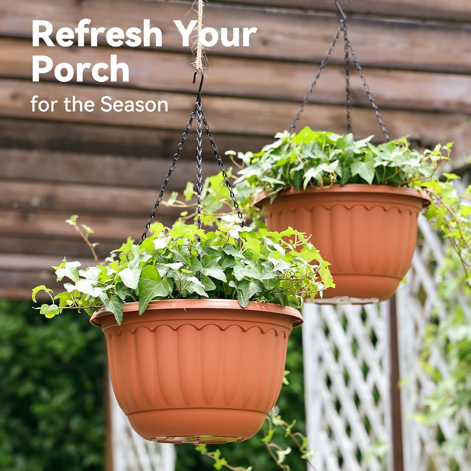 YIKUSH 12 Inch Hanging Planters for Outdoor Plants, 2 Pack Plastic Hanging Flower Pots with Drainage Hole & Tray