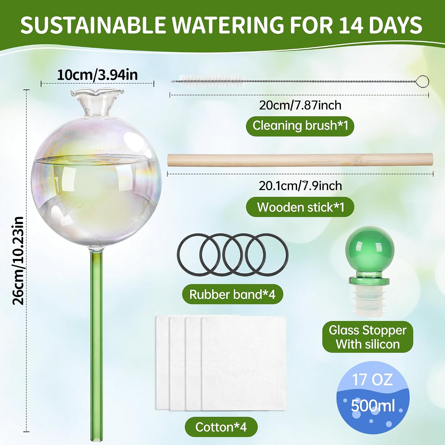 17 oz 2 Weeks Extra Large Plant Watering Globes, Iridescent Glass Self Watering Globes, Self Watering Planter Insert