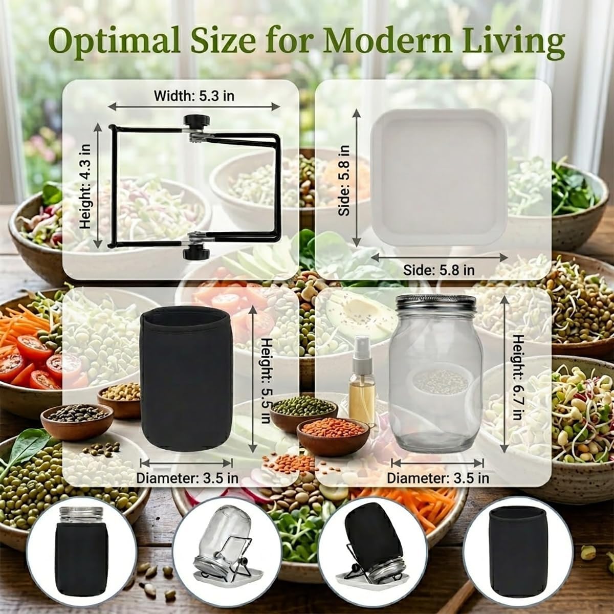 Seed Sprouting Jar Kit, 4 Pack 1000ml/34oz Mason Jars with Stainless Steel Lids, Stand, Tray & Brush for Fresh Sprouts