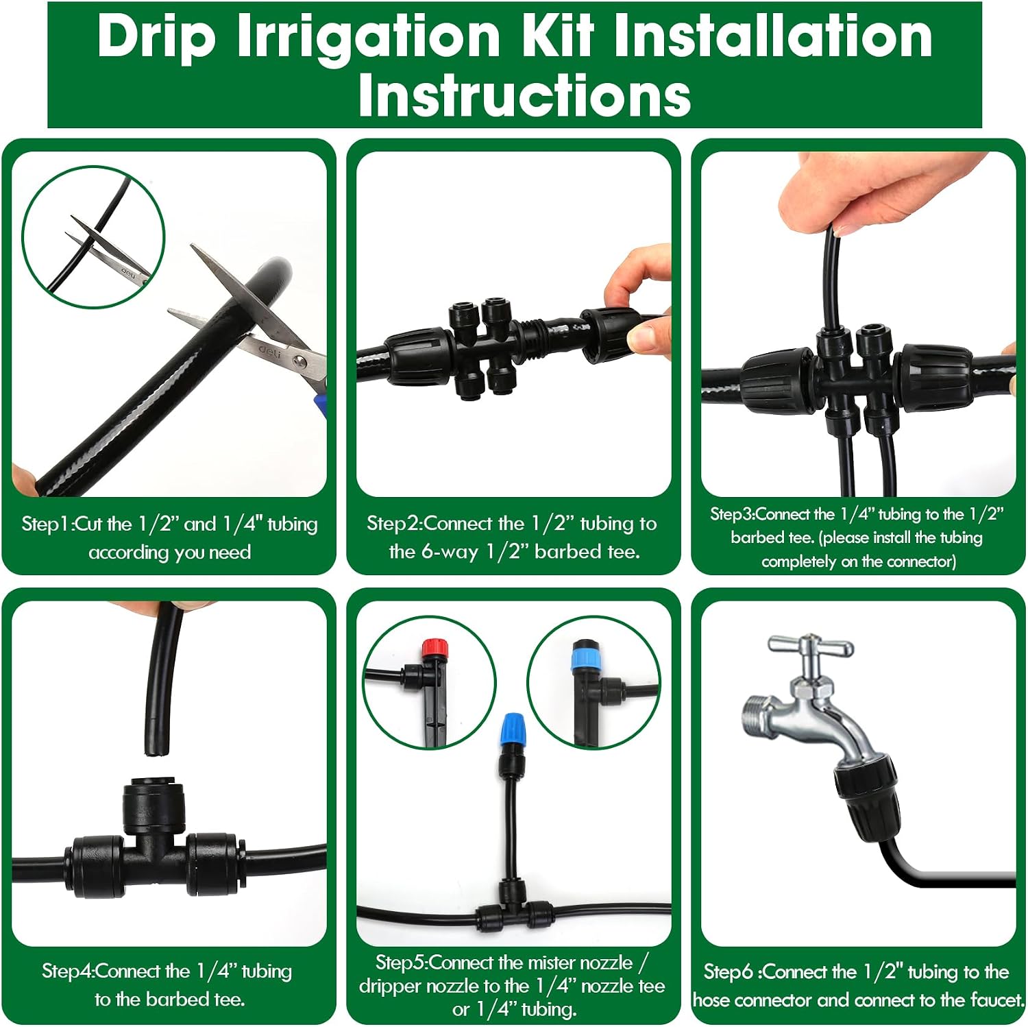 Drip Irrigation Kit, Flantor 190FT Greenhouse Drip Irrigation System Adjustable Garden Watering System with 1/2" & 1/4"