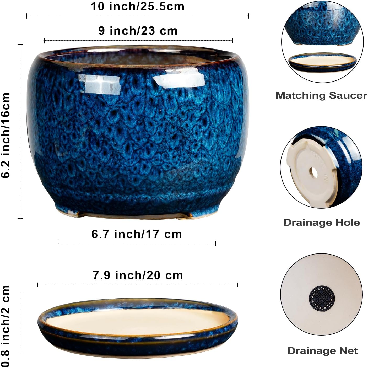 SQOWL 10 Inch Plant Pot - Ceramic Planter Pot with Drainage Hole and Saucer, Decorative Plant Pot for Indoor Outdoor