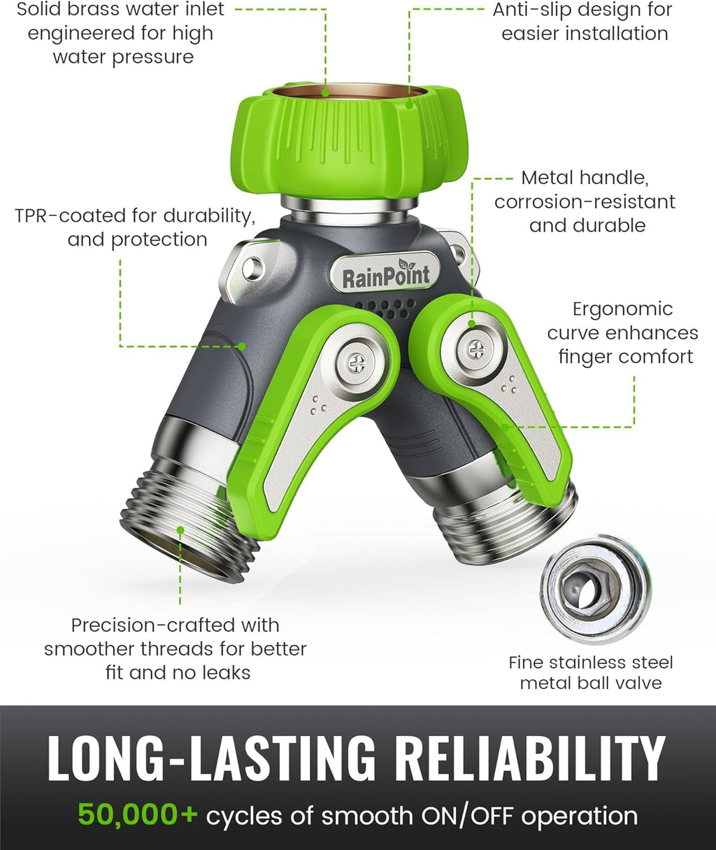 RAINPOINT Garden Hose Splitter, 2 Way Heavy Duty Water Hose Y Spigot Splitter with Shutoff Valves, 100% Metal Body