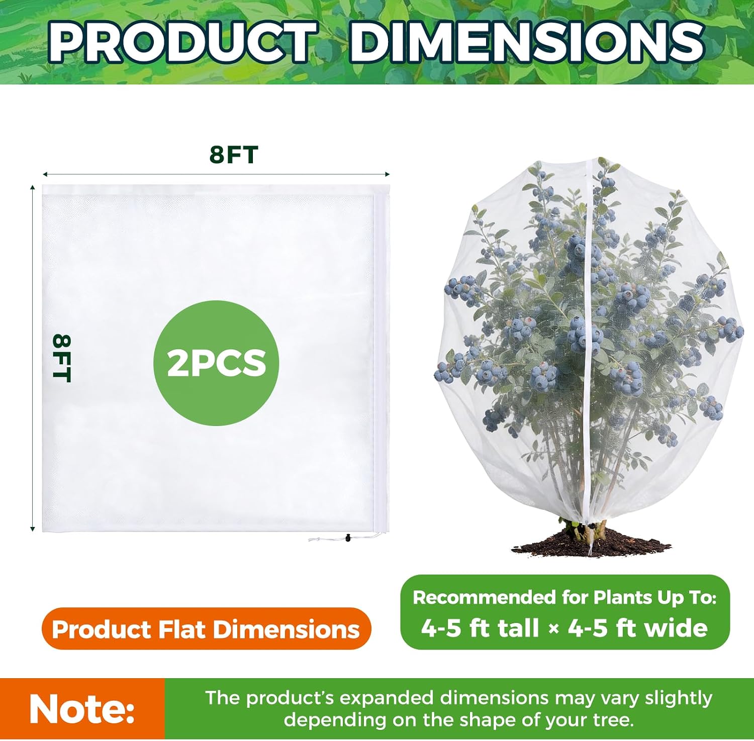 Blueberry Bush Netting Cover 2 Pack 8 x 8 ft, Bird Netting with Zipper & Drawstring, Reusable Berry Bush Netting for