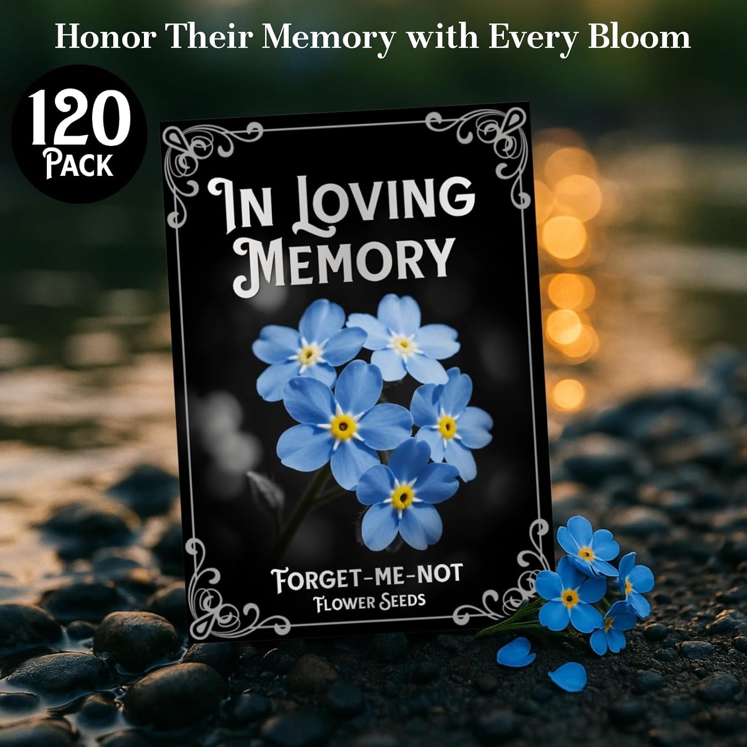 120 Pack Forget-Me-Not Flower Seed Packets for Memorial Services | Printed seed envelopes with poem and planting