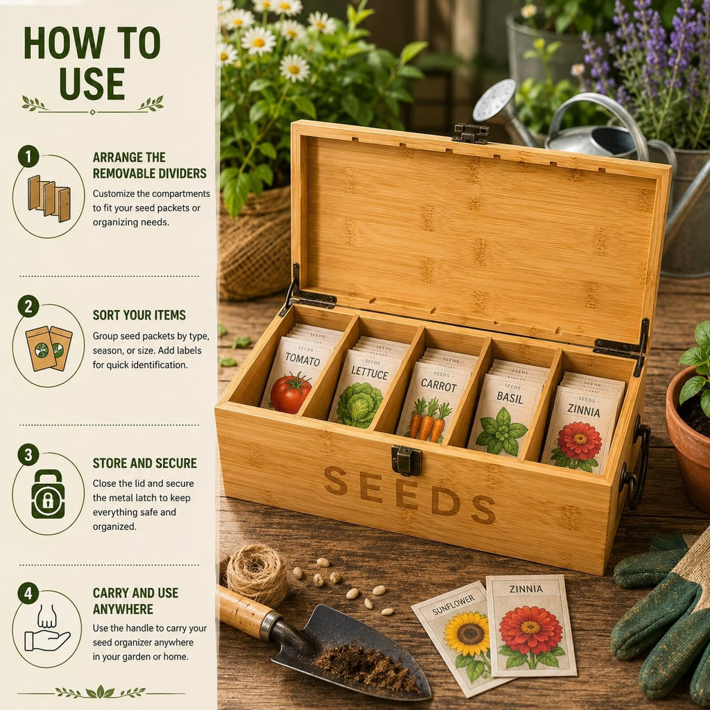 Bamboo Garden Seed Storage Organizer Box, Wooden Seed Box with Removable Dividers, Metal Handle and Latch, Seed Keeper