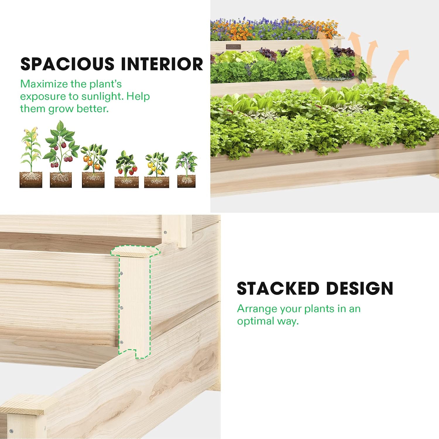 VIVOSUN 3-Tier Raised Garden Bed Outdoor Wood 48x48x21 Planter Box Kit | 2-in-1 Stack or Flat / 3 Depth Levels