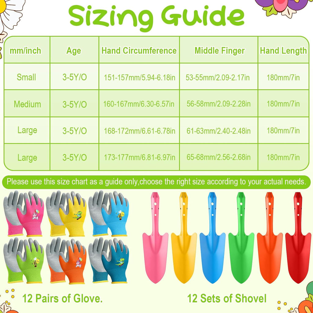 Gisafai 24 Pcs Mini Colorful Metal Hand Shovel and Glove Set Shovel Spade Gloves Digging Trowel Set Kids Gardening