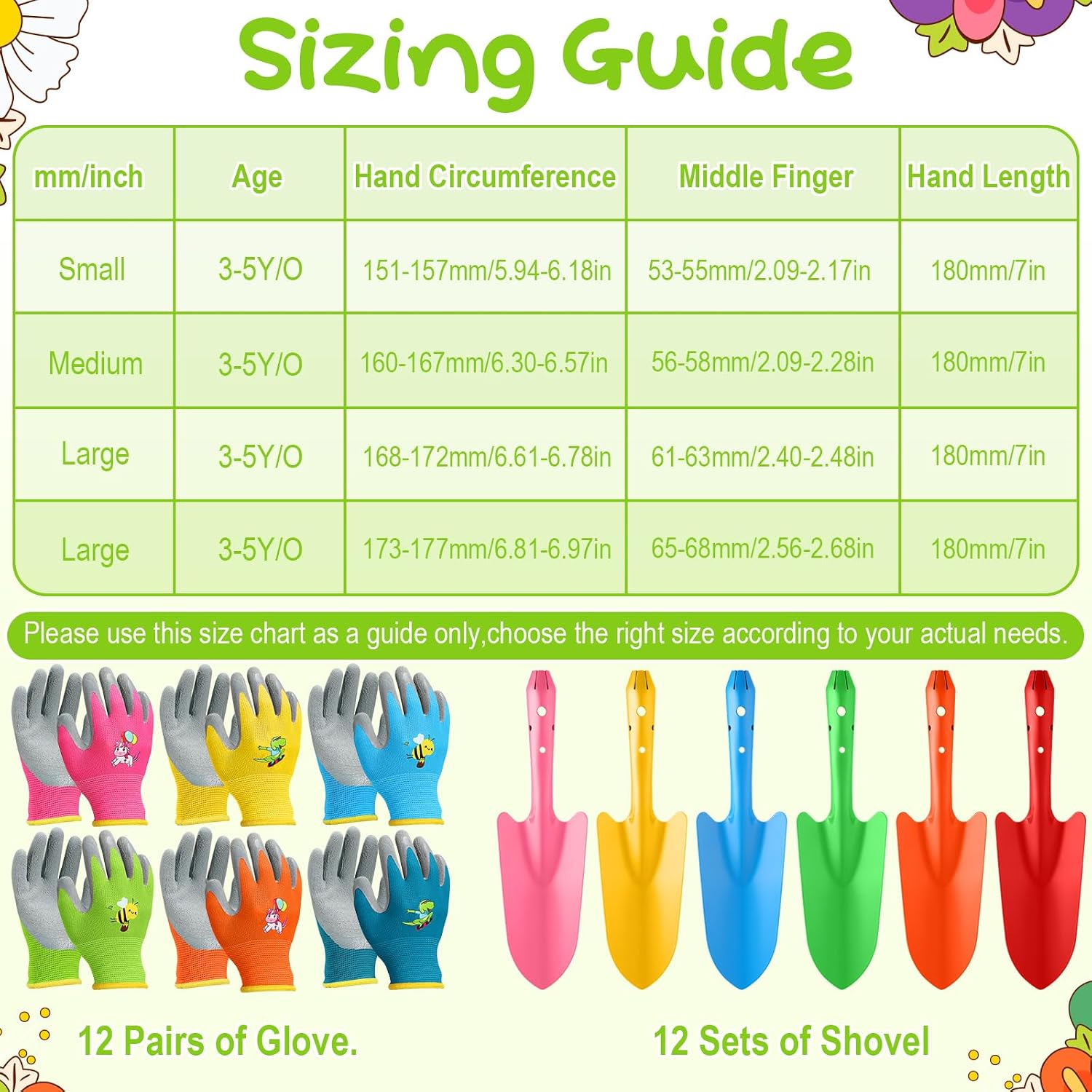 Gisafai 24 Pcs Mini Colorful Metal Hand Shovel and Glove Set Shovel Spade Gloves Digging Trowel Set Kids Gardening