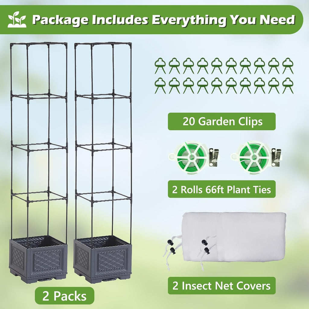 55 Inch Raised Garden Bed with Trellis, Self-Watering Tomato Planter Box with Hidden Rolling Wheels, Vertical Plant