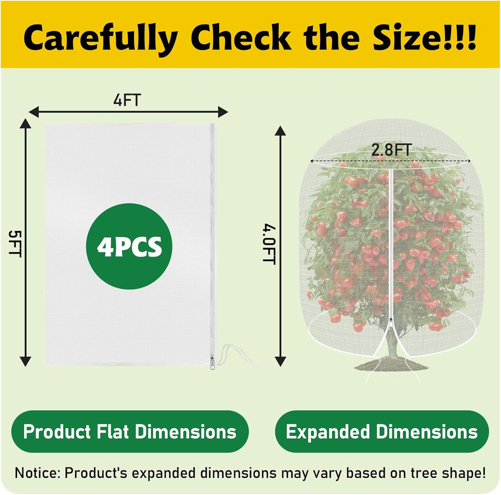 OZMI 4 Pack Fruit Tree Blueberry Bush Netting Cover, 4Ft x 5Ft Reusable Bird Netting for Garden Protection with Zipper