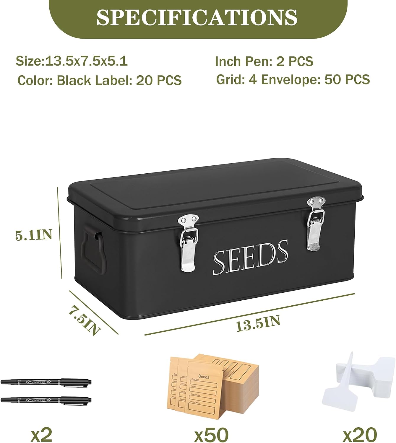 Ecopark Seed Storage Box, Professional All-in-one Kit | with 2 Pens, 20 Plant Labels and 50 Seed Envelopes, Metal