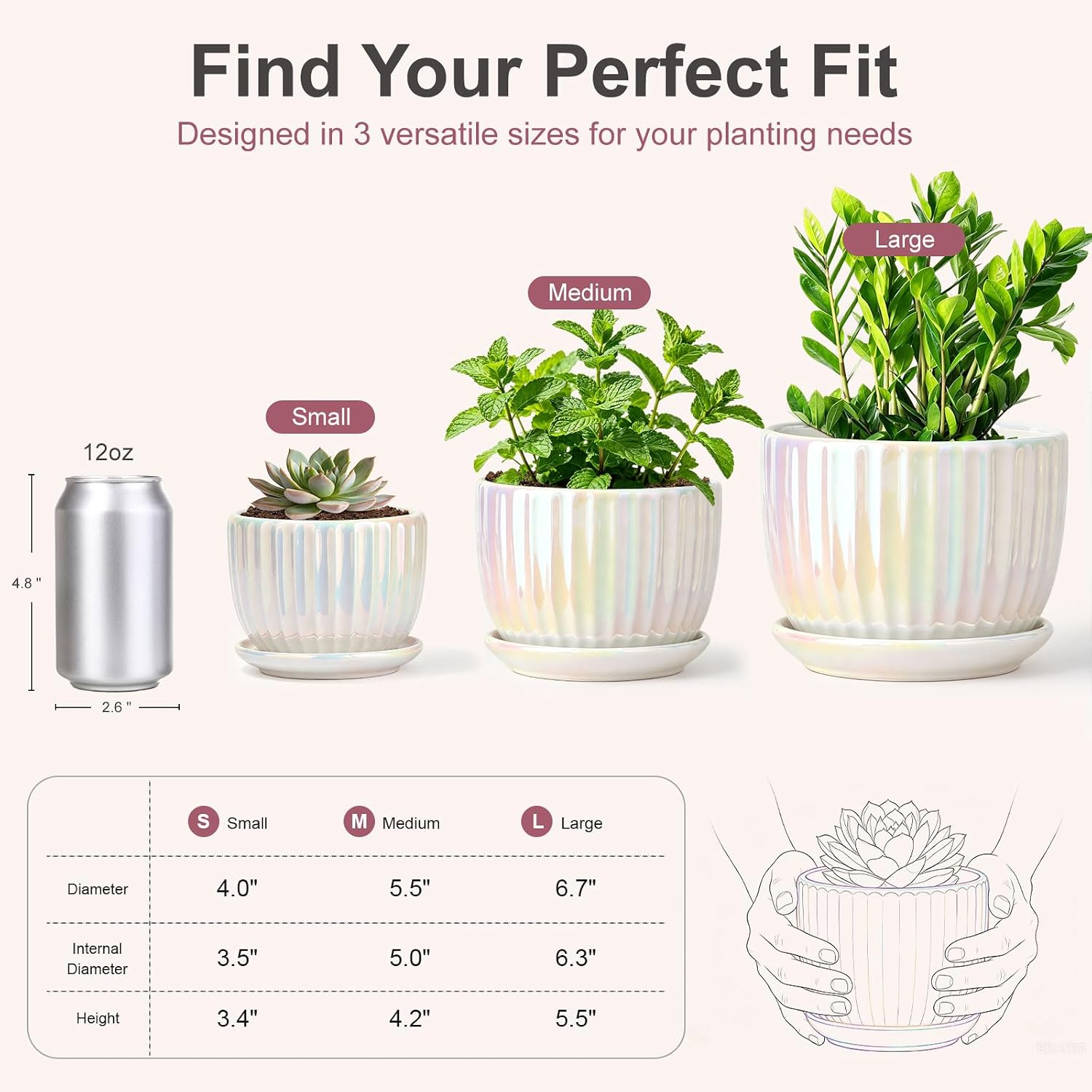 Plant Pots,Ceramic Flower Pots with Drainage Holes & Saucer Set of 3（Pearl） | Pots for Indoor Plants | Decorative