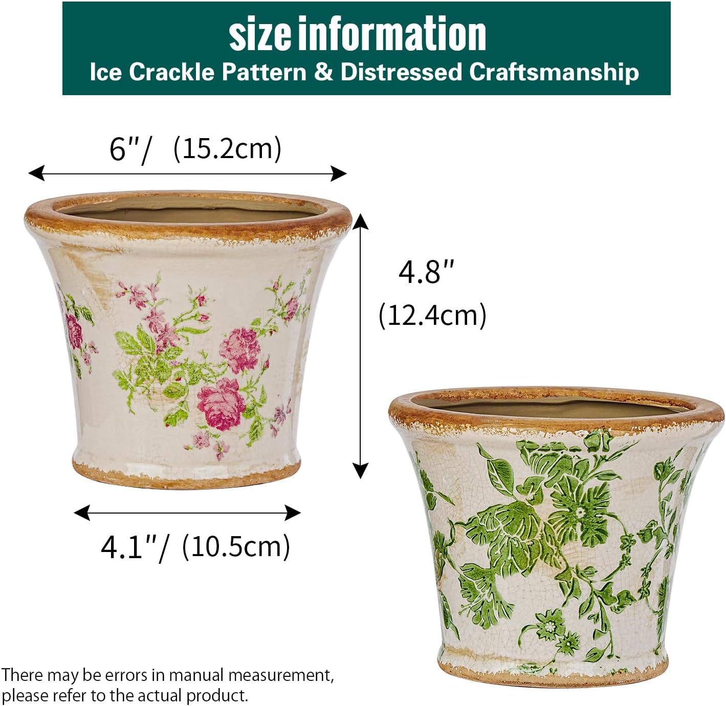 Sungmor Ceramic Flower Pots - 2 Pack, Crackle Glaze & Floral Prints Design | Rustic Farmhouse Planters with Drainage