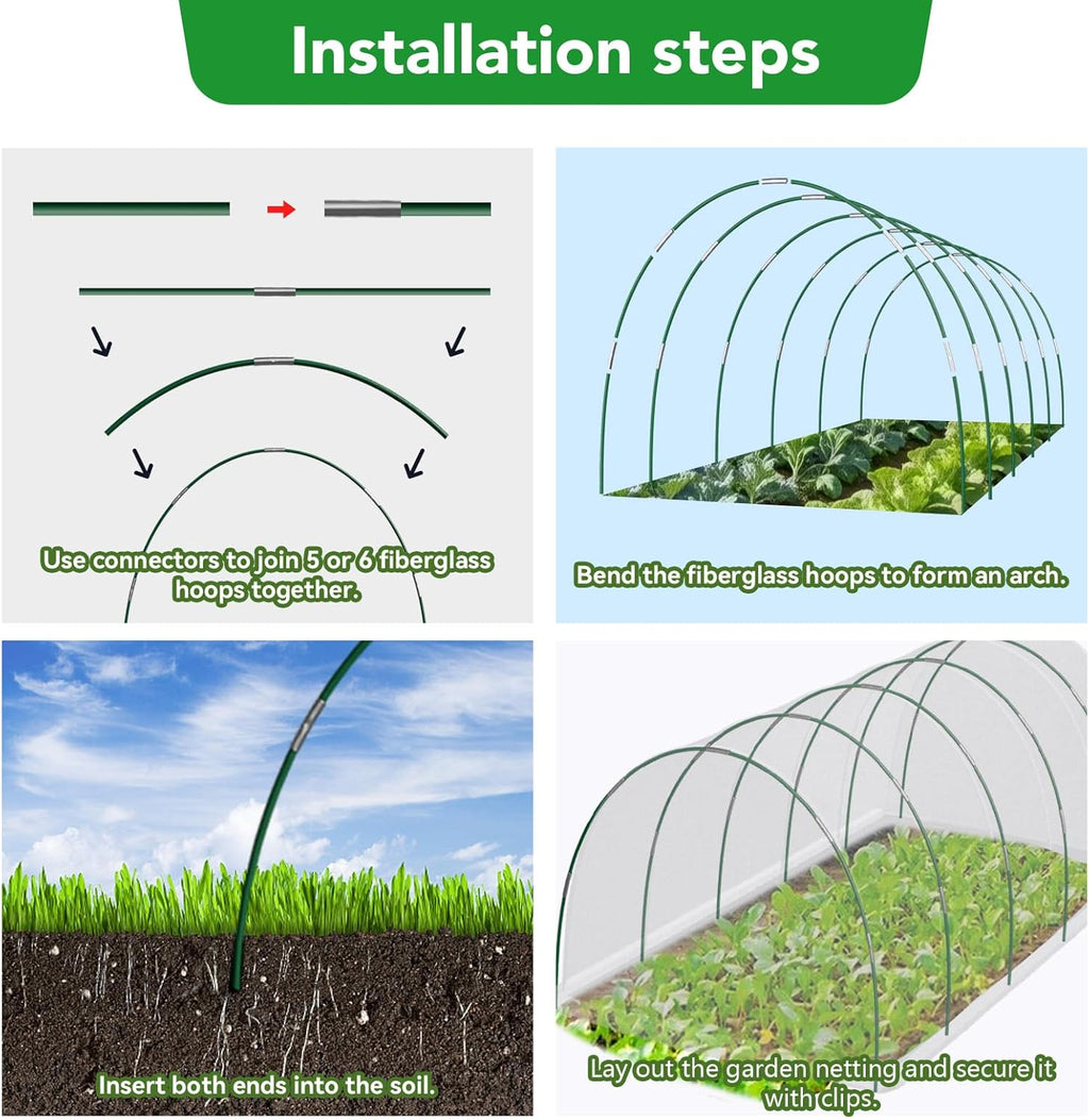 Garden Netting Kit for Raised Beds, 10x30FT Ultra Fine Mesh Netting ＆6 Sets Fiberglass Garden Hoops, Insect Netting for