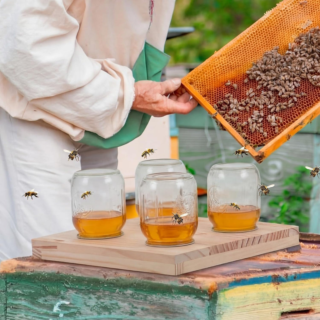 Rtteri 1 Pcs Bee Feeders for Hives with 4 Lids Wooden Honey Mason Jar Beehive Entrance Feeder for Beekeeping Bee