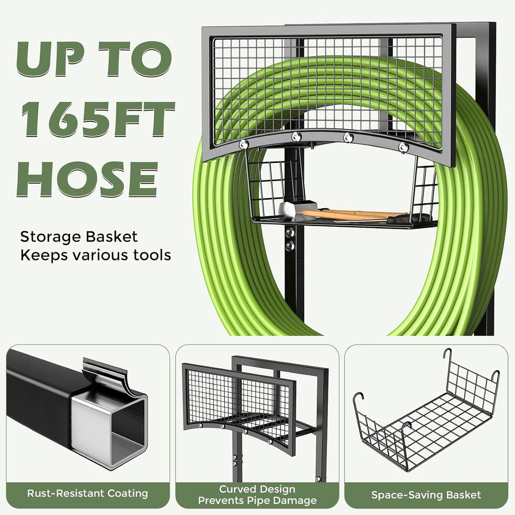 Garden Hose Holder Freestanding with Storage Basket, Holds Up to 165FT Hose, Heavy Duty Metal Water Hose Holder with 4