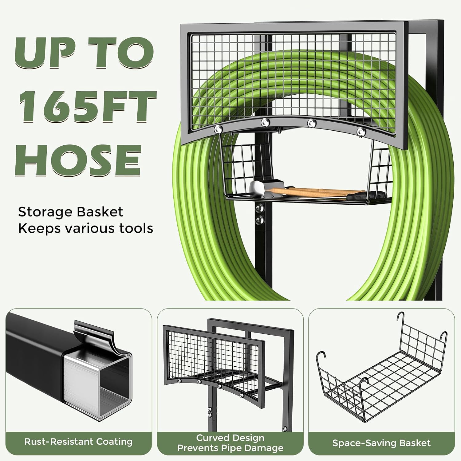 Garden Hose Holder Freestanding with Storage Basket, Holds Up to 165FT Hose, Heavy Duty Metal Water Hose Holder with 4