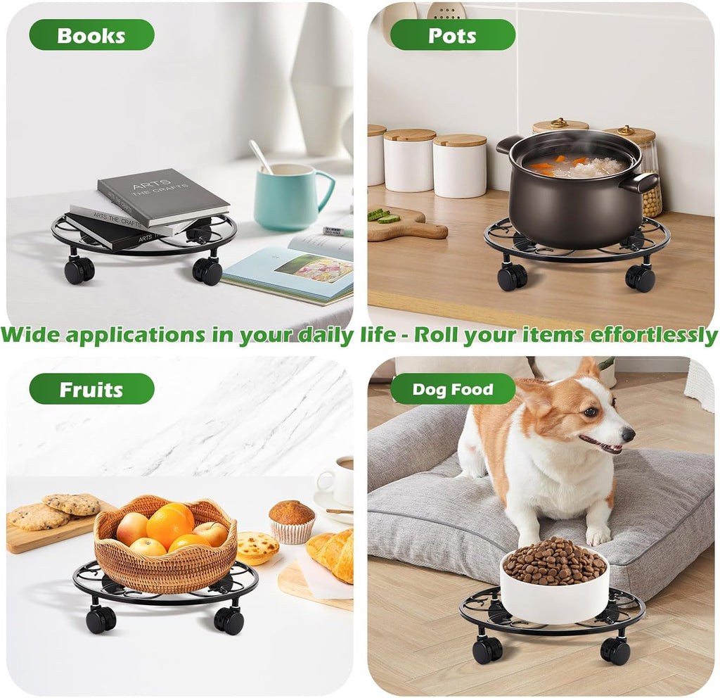 5 Packs 13 inches Large Metal Plant Caddy with Wheels Round Planter Dolly Pot Mover Rollers Wrought Iron Rolling Plant
