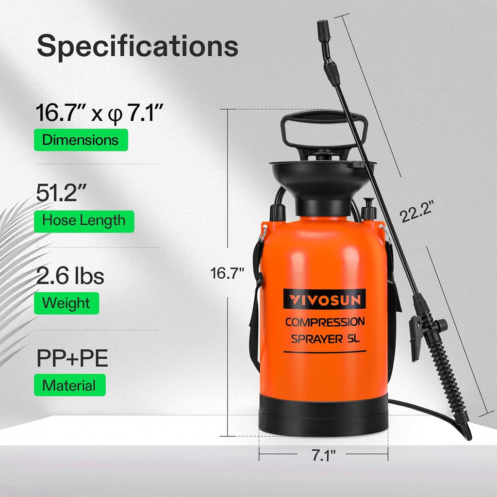 VIVOSUN 1.35-Gallon Pump Pressure Sprayer | Lawn & Garden Water Sprayer with Adjustable Shoulder Strap, for Spraying