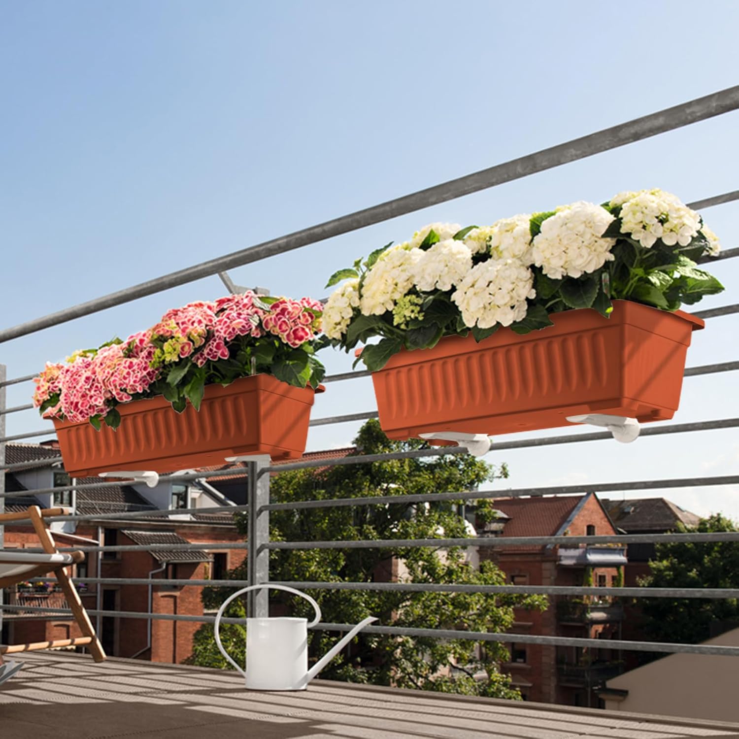 HOXHA 6 Pcs Window Box Planter, 17" Rectangular Planter Box, Brick Red | Sturdy Plastic Planter Boxes, Outdoor Indoor