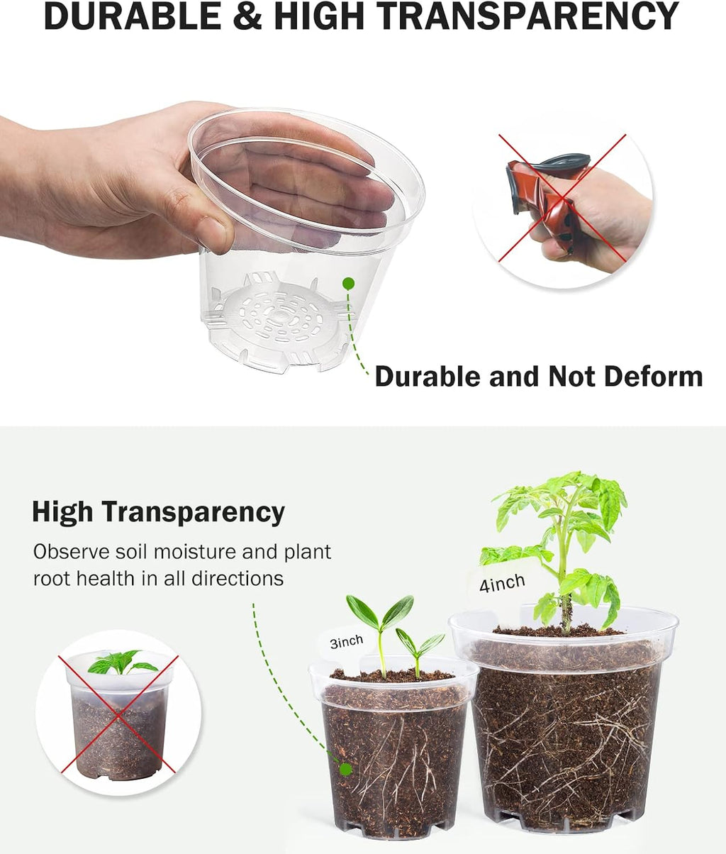4 Inch Clear Nursery Pots for Plants with 20 Plant Labels (60 Pcs) | Multiple drainage holes and a raised base support