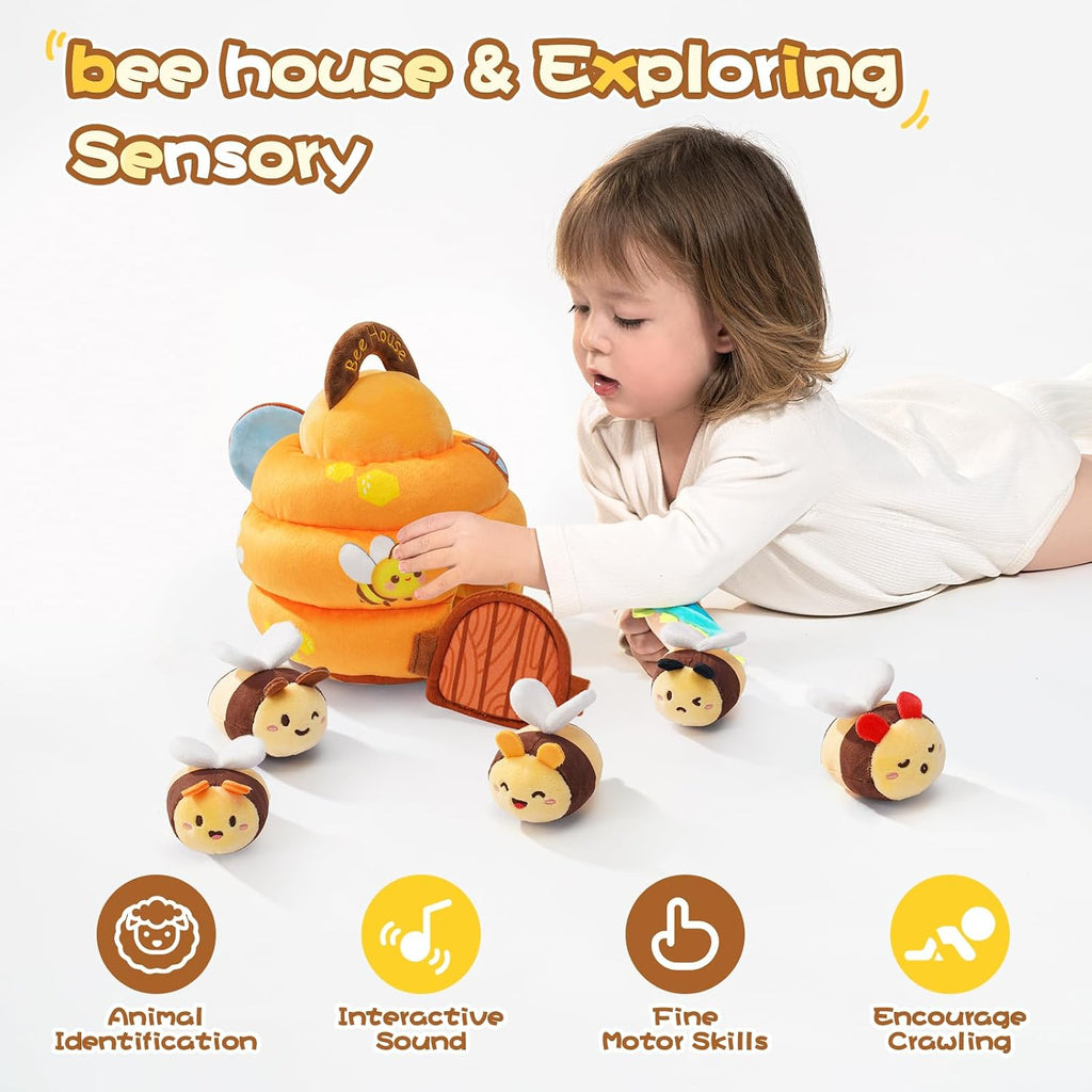 Koty Baby Toys 6-12 Months,Bee House Sensory Learning Toy, Beehive wtih wtih rattles, Squeaker, Mirror,5pcs Yellow