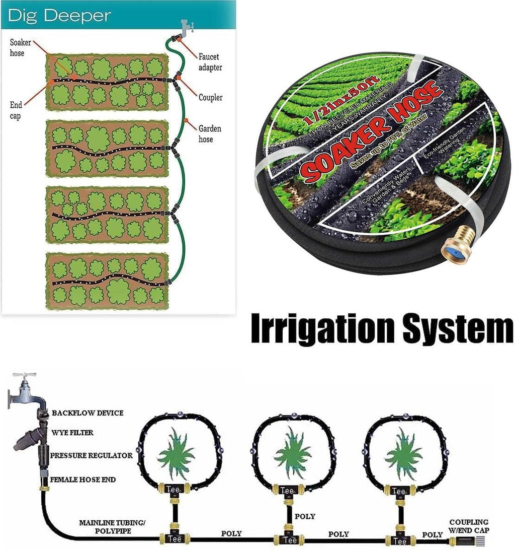 Soaker Hose 1/2" 50ft Rubber Garden Soaker Hoses, Water Seeper Round Drip Hose, Heavy Duty Drip Irrigation Hose For