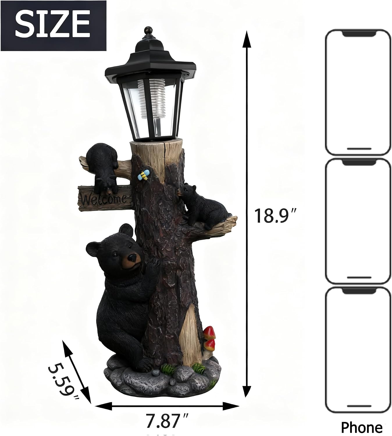 19 Inches Bear Statue Welcome Sign Garden Statue with Solar Lights | Resin Bear Family on The Tree, Outdoor Bear Décor