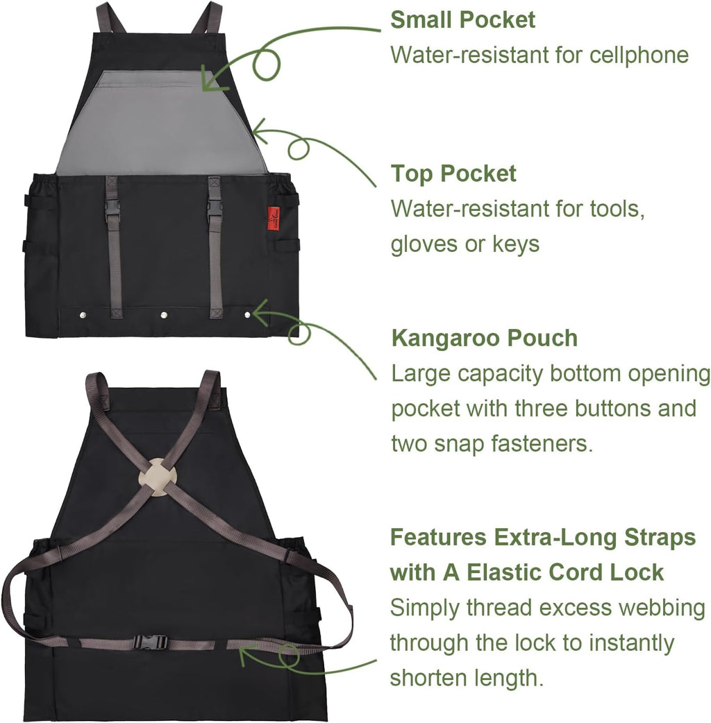 Gardening Apron Waterproof Cross Back Apron, Extra 600D Heavy Duty Apron Harvest and Large Quick Release Pockets