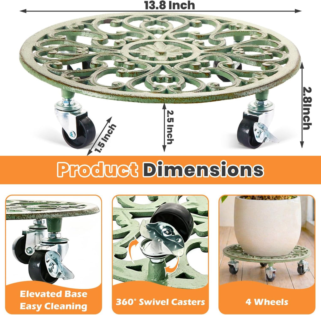 2 Pack Rolling Plant Caddy with Wheels Heavy Duty, 14 Inch Cast Iron Plant Rollers with Wheels, Planter Stand on Metal