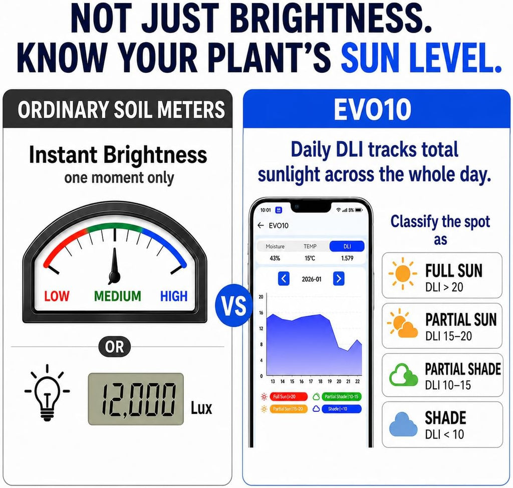 Leave in Soil Moisture Meter, Long Term in Soil Monitoring, Soil Temperature, Sunlight Level Indicator (Full