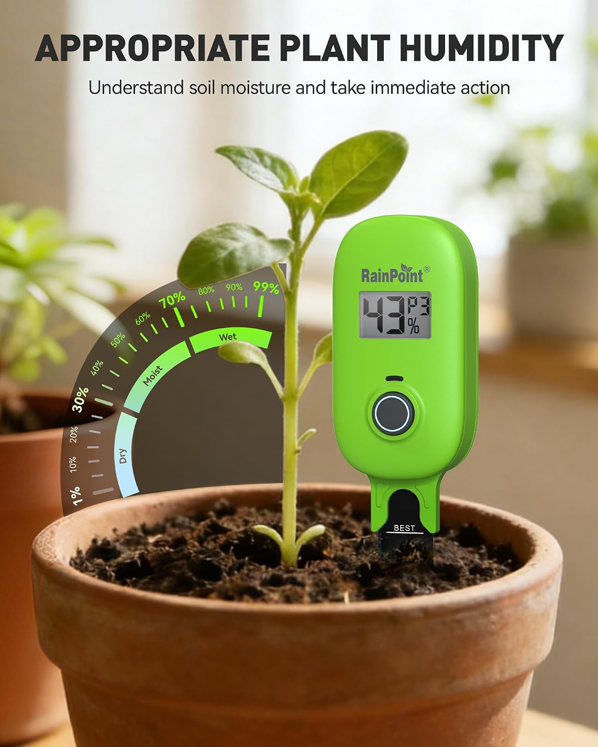 RAINPOINT Smart Soil Moisture Meter for Plants, Soil Hygrometer Sensor, Real-time Monitor Humidity Tester for