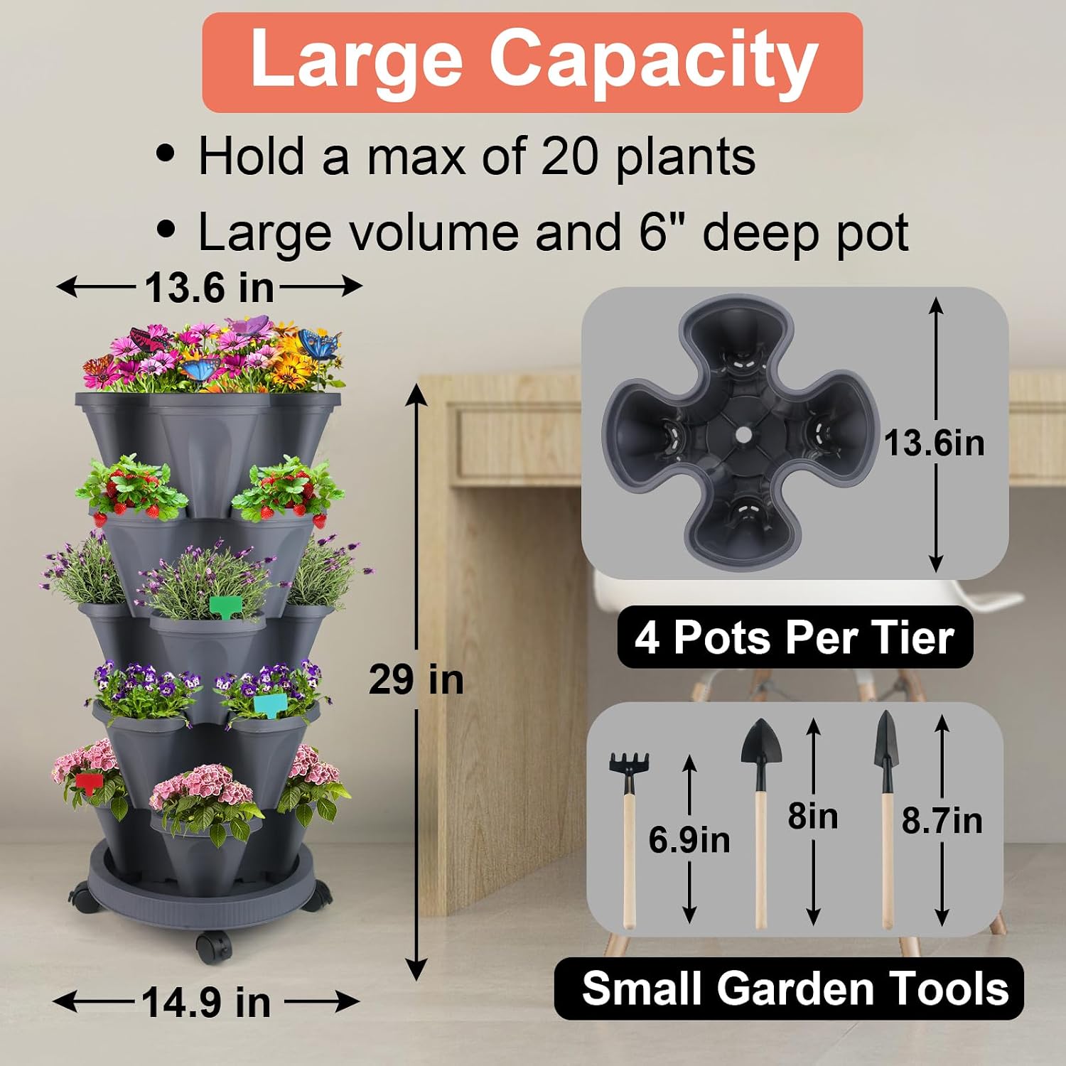 DUNCHATY Stackable Planter, Vertical Strawberry Planter with Garen Tool Set, Self Watering Garden Planter