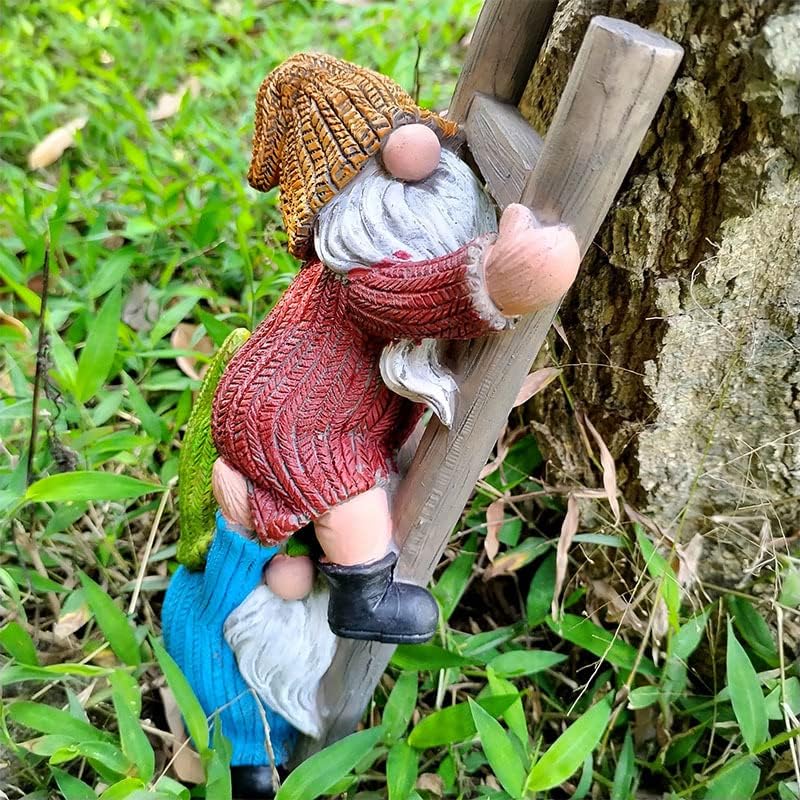 Garden Gnome Statue, Funny Climbing Ladder Gnomes Figurine Resin Sculpture Outdoor Decor for Patio Yard Lawn Porch