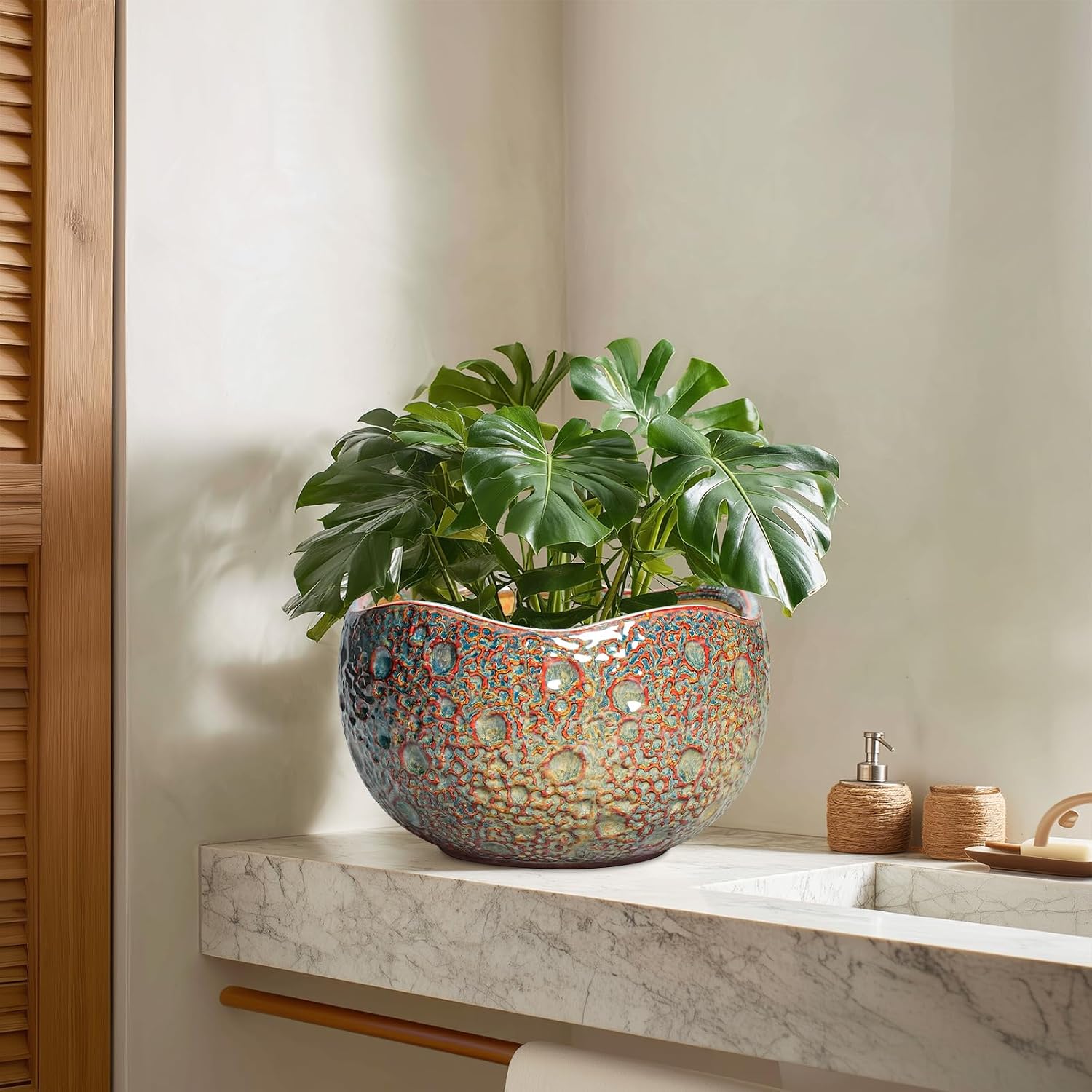 10 Inch Plant Pot - Ceramic Planter with Drainage Hole and Plug, Unique Round Planters for Indoor Outdoor Plants