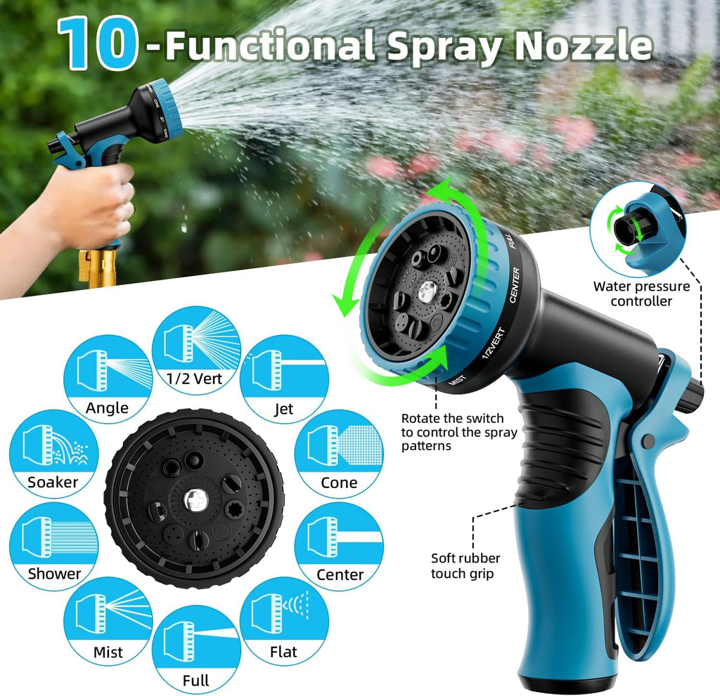 Garden Hose, Non-Expandable Water Hose 100ft, Flexible, Kink & Leak Proof Water Pipe with 10-Function Spray Nozzle
