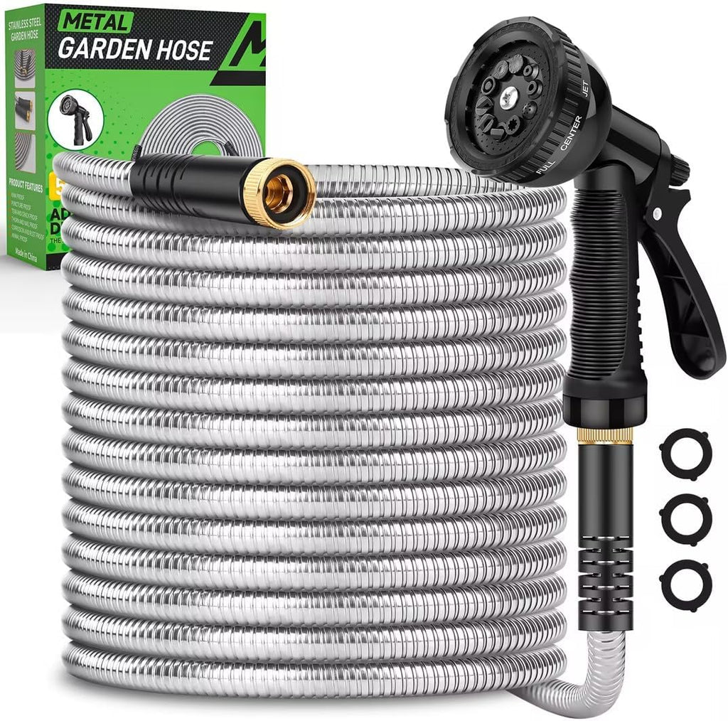 Kebose Garden Hose 100FT, Stainless Steel Hose with 10 Functional Nozzles | No Kink Metal Water Hose, Lightweight and
