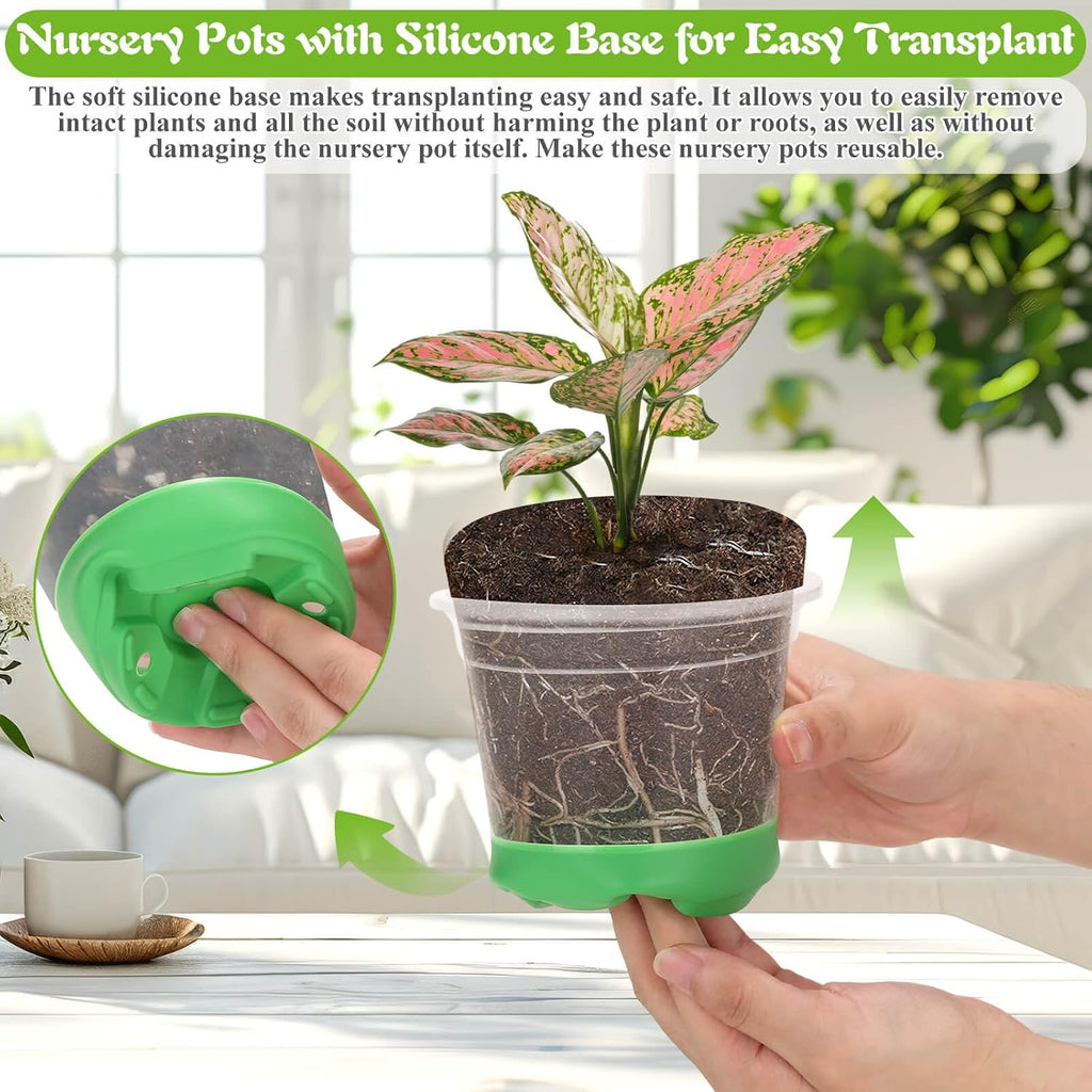 Caffox 45PCS Reusable Seed Starter Kit Includes 20 Packs 5" Clear Nursery Pots with Silicone Base, Repotting Mat