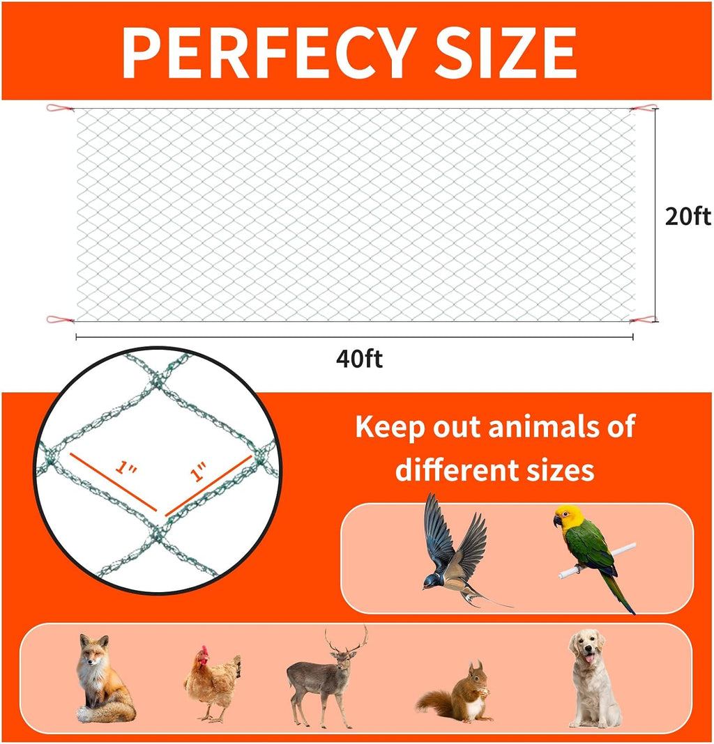 Bird Netting 20'x40' with 1" Square Mesh Bird Net Garden Netting for Chicken Coop, Aviary, Deer Fence, Chicken Netting
