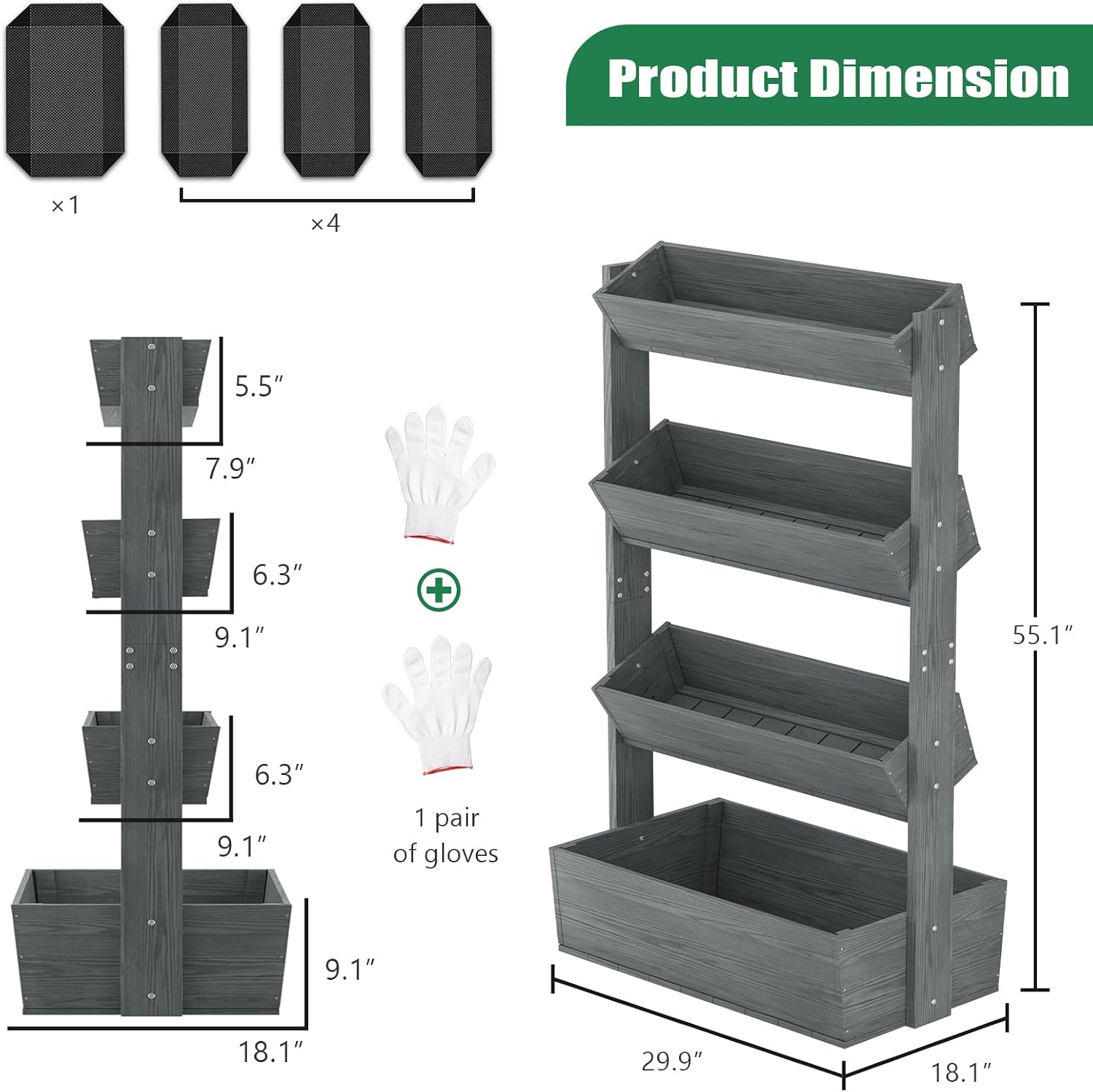 SUNYRISY 4 Tiers Vertical Raised Garden Bed Outdoor Planter Tower | Wooden Freestanding Planter Box for Planting Herbs
