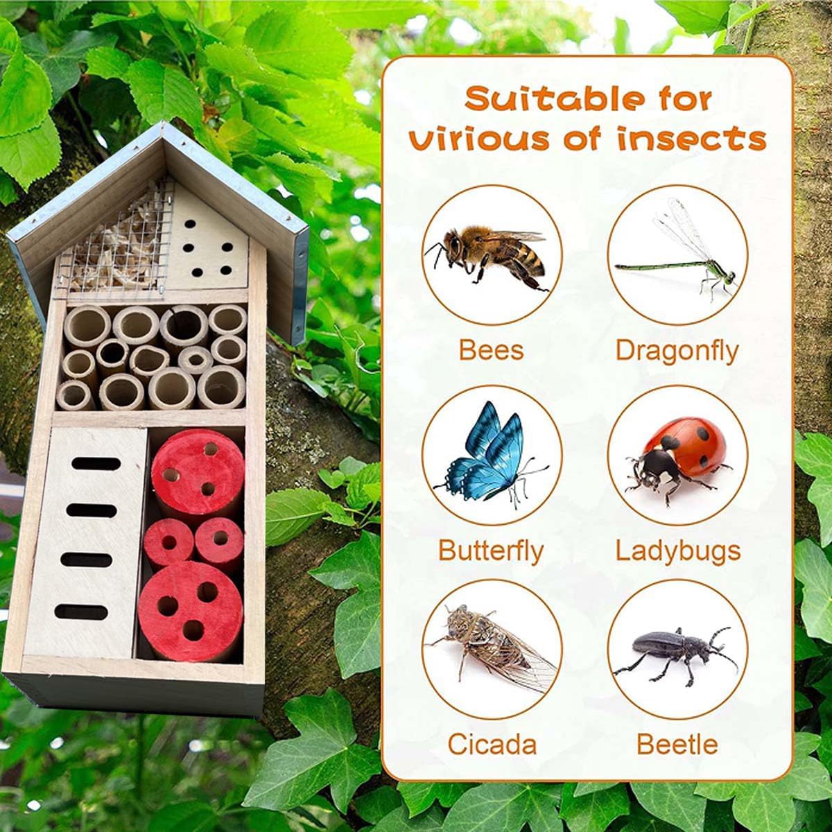 Natural Wooden Insect Hotel, Bee House with Metal Stake for Garden | Bee House, For Ladybugs, For Lacewings, For