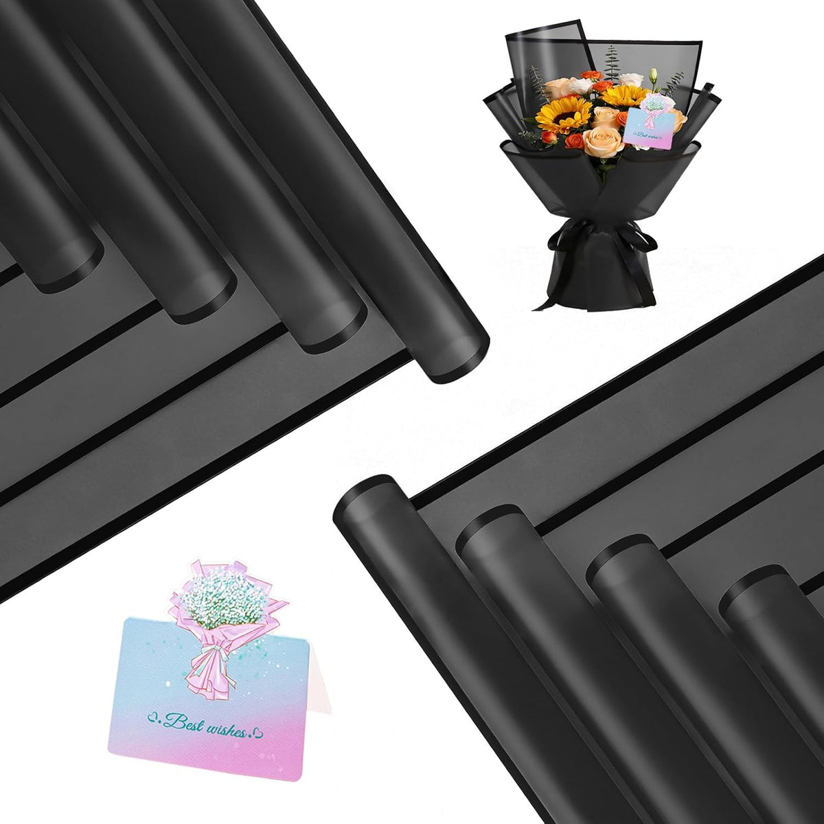 REAXYZNN 20 Sheets Flower Wrapping Paper - Waterproof Black Floral Wrapping Paper for DIY Crafts, Florist Supplies Packaging for Wedding Birthday Gift (Translucent Black)