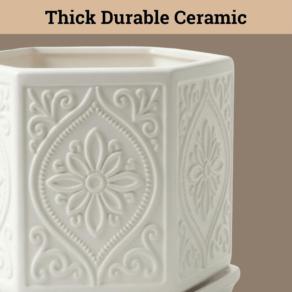 Ceramic Pots for Plants Set of 2, 6-Inch & 4-Inch Wide w/ Drainage & Saucer | Thick Durable Ceramic Pots with Matching