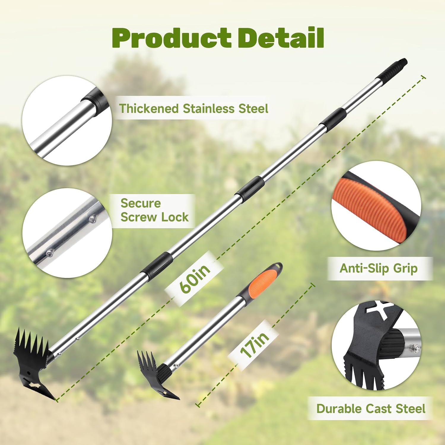 60" Weed Puller Tool with Long Handle and 17" Weeding Tools Gardening Set | Dual Side Hand Weed Rake and Hoe Garden