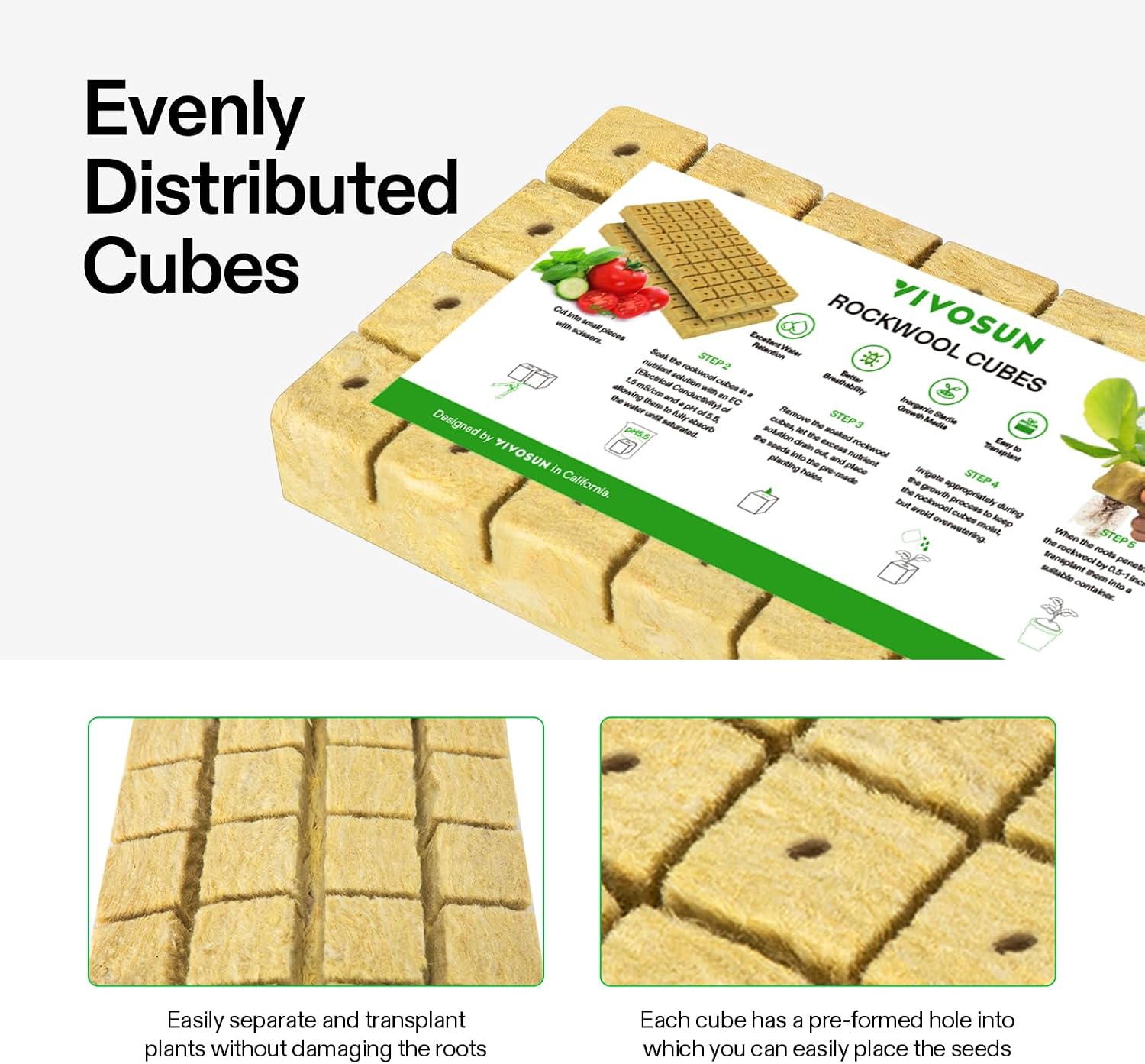 VIVOSUN 1.6" Rockwool Cubes, 4 Sheet of 112 Plugs Stonewool Starter | for Cuttings, Clone, Plant Propagation, Seed