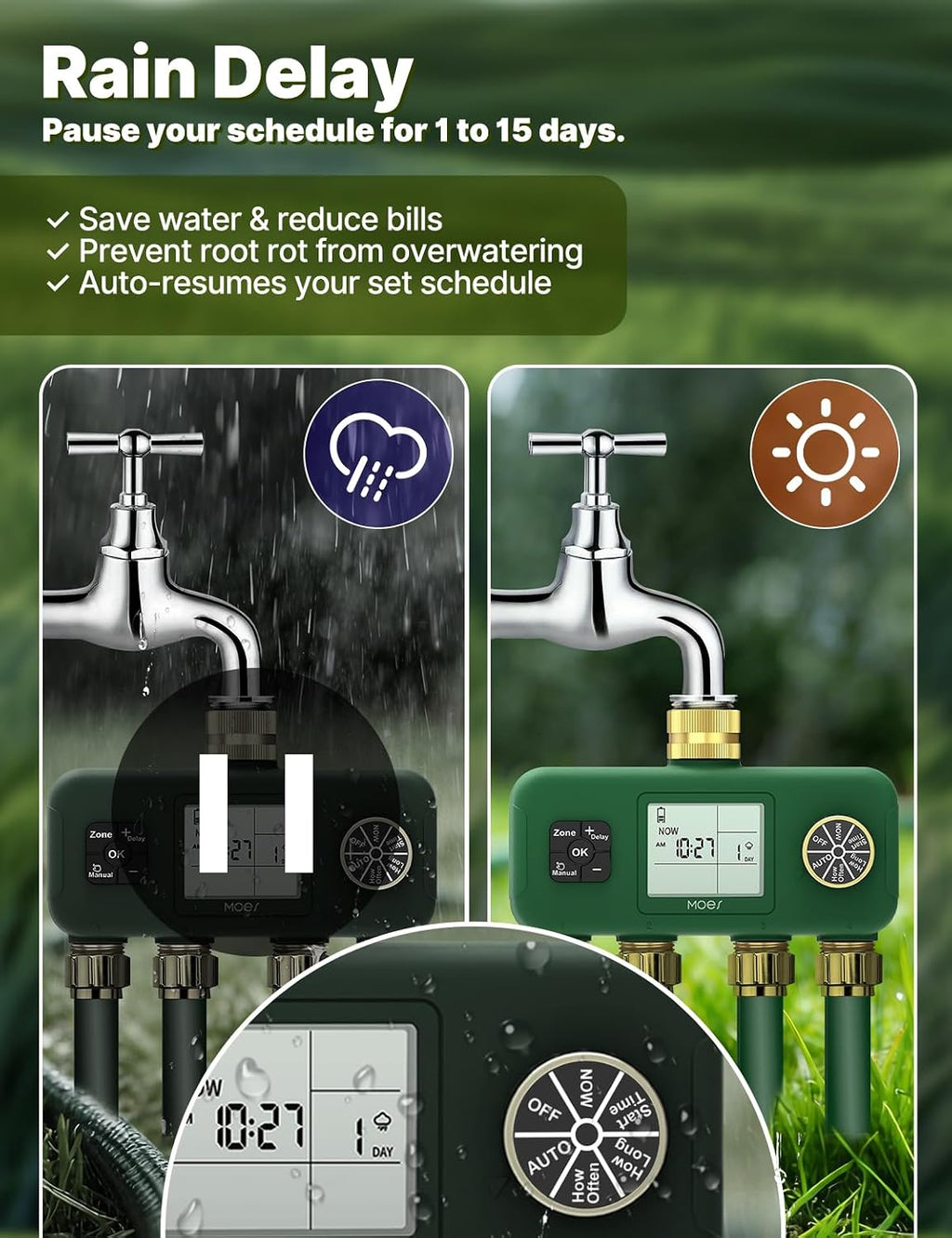 MOES 4 Zone Water Timer, Brass Fittings, Sequential Watering, No Wi-Fi | 4 Independently Programmable Outlets With 3/4