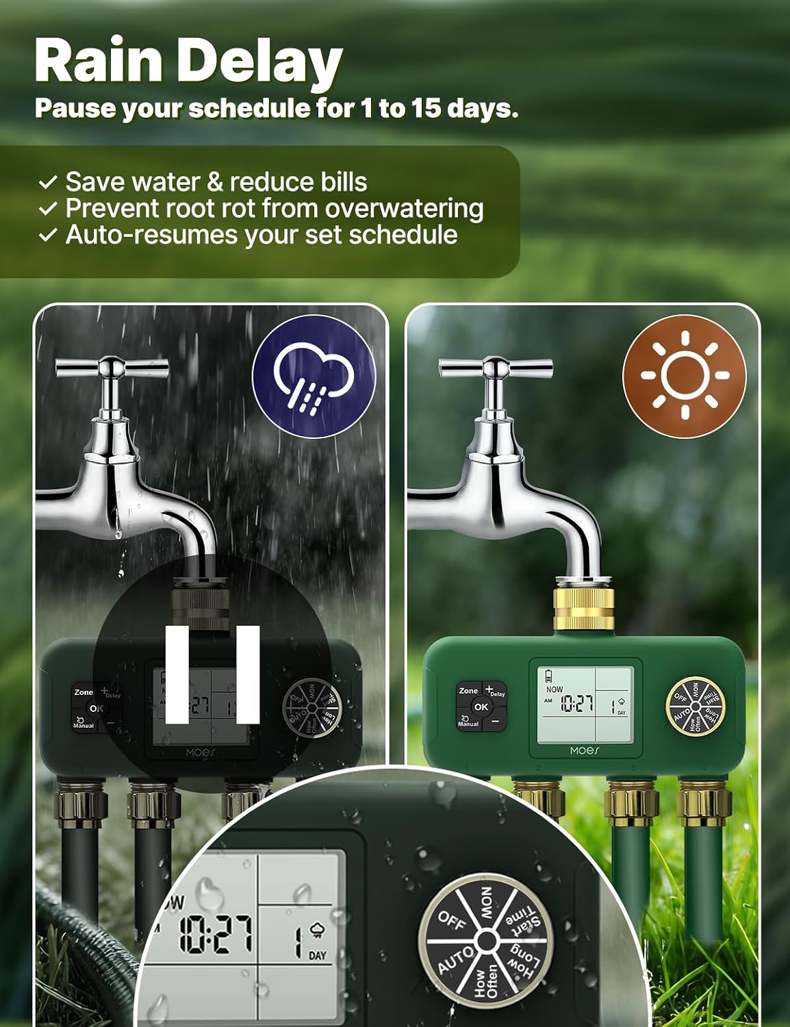 MOES 4 Zone Water Timer, Brass Fittings, Sequential Watering, No Wi-Fi | 4 Independently Programmable Outlets With 3/4