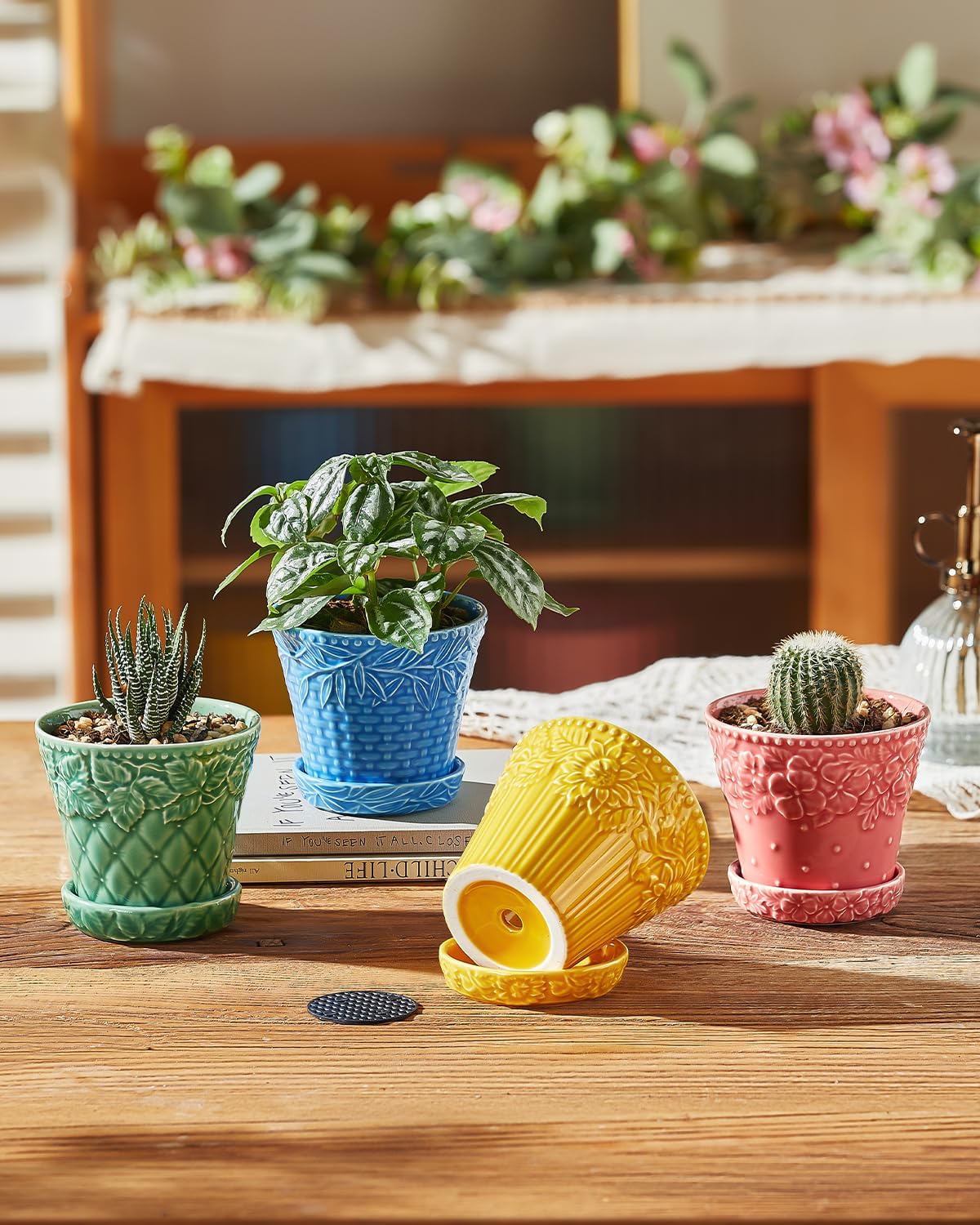 Metahom Succulent Ceramic Pots, 3.8 Inch Small Plant Pots with Drainage Hole & Saucer, Flower Planter Pot for House